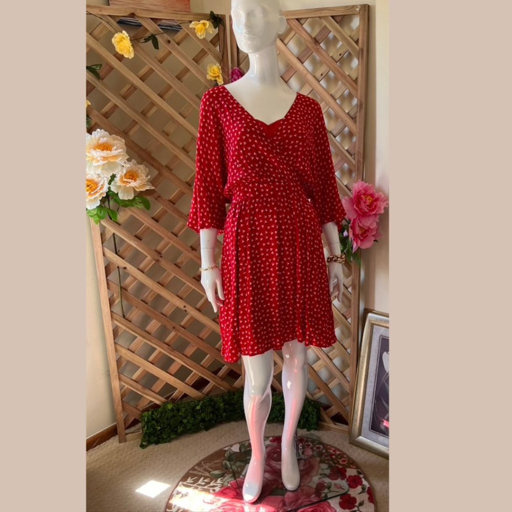 Stella Dress 12AU Red White Wrap Tie Waist leaves patterns V-Neck 3/4 Sleeves - Picture 7 of 10